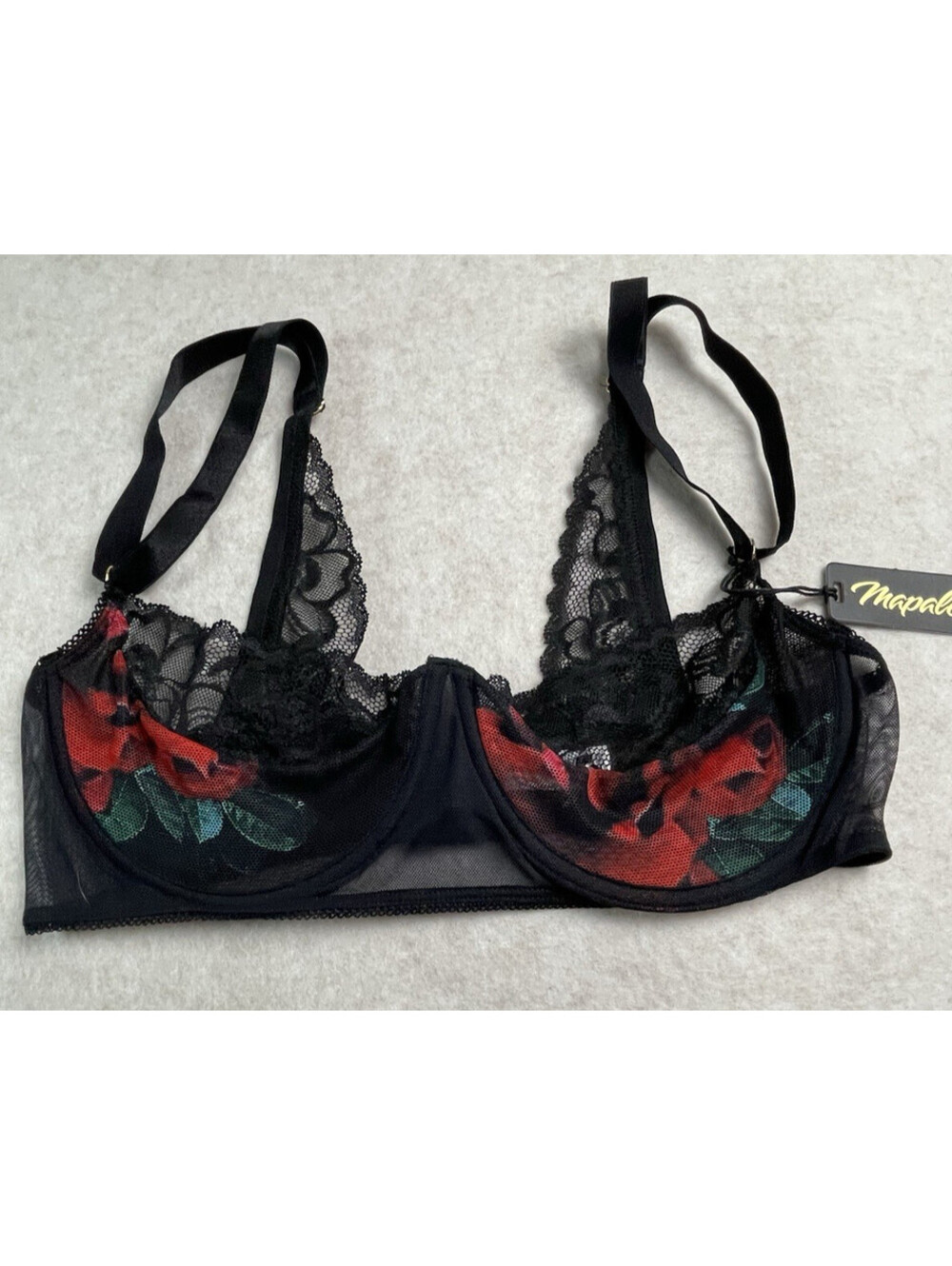 Mapale Fleur Sauvage Rose Underwire Bra Only 1X/2X Balconette Sheer Floral Black